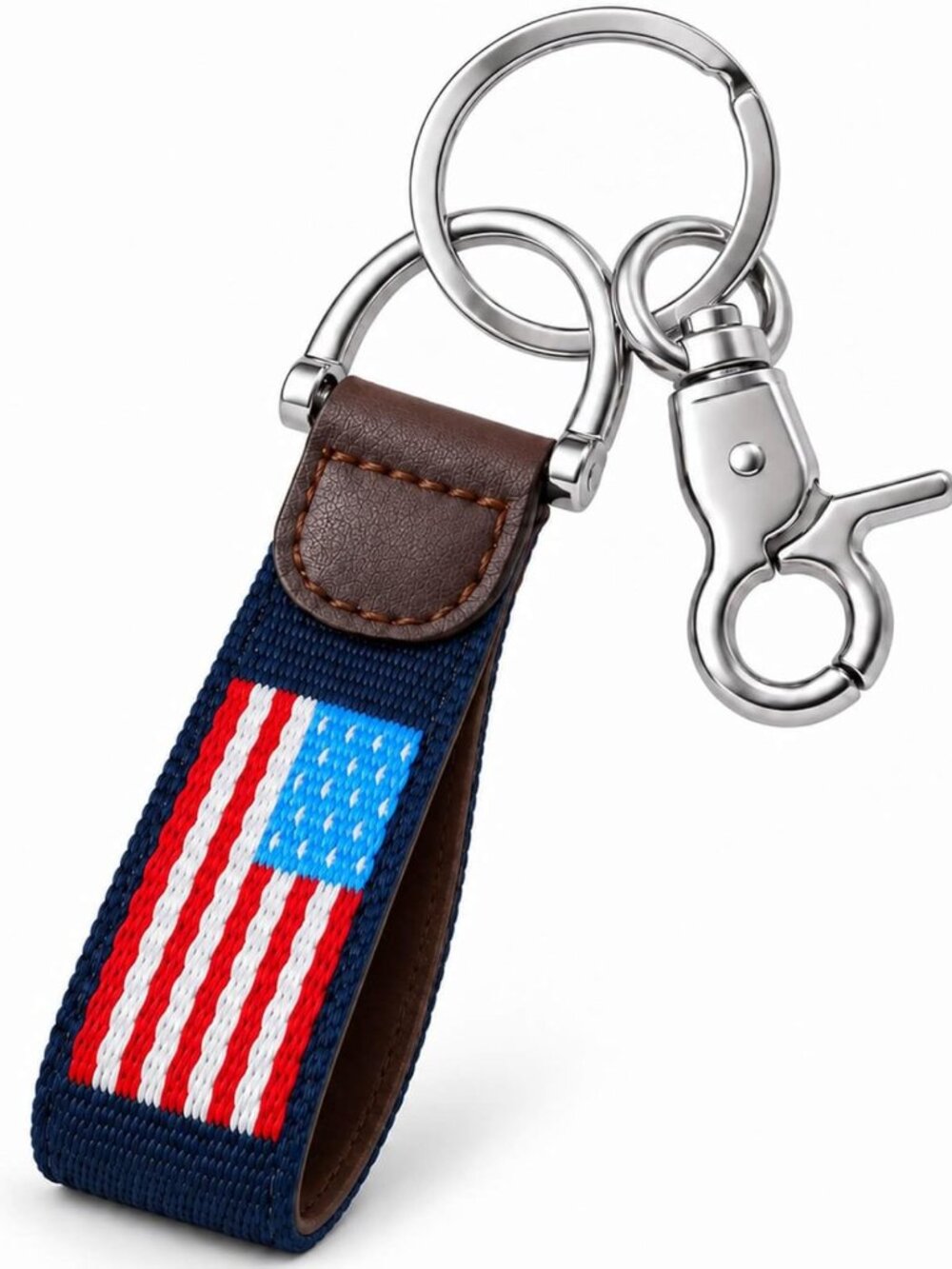 Patriotic Needlepoint Keychain with Leather Clip - American Flag Design